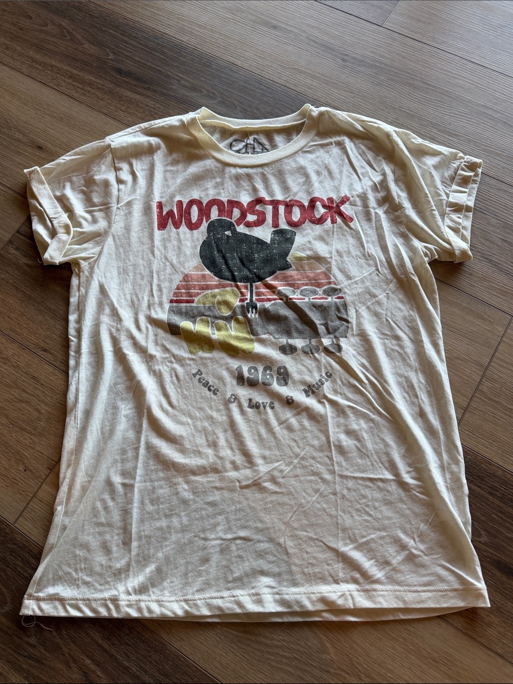 Chaser Woodstock 1969 Graphic Short Sleeve Tee in Cream with Red and Black Print